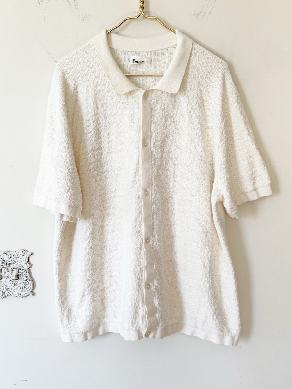 The Commons Off White Cream Cotton Knit Jacquard Button Up Polo Shirt XXL